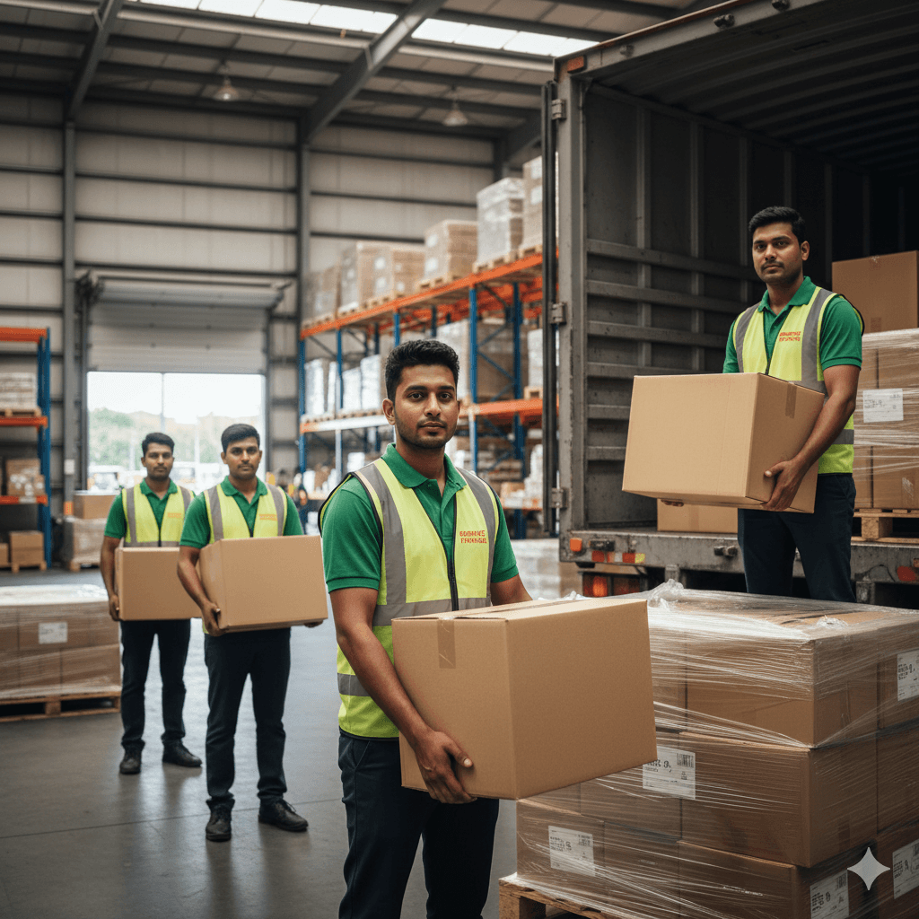 Team carefully packing items for transport